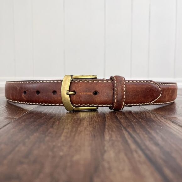 VTG Ralph Lauren Chaps Leather Belt Contrast Stitching Distressed Size 42 Brown - Picture 1 of 16